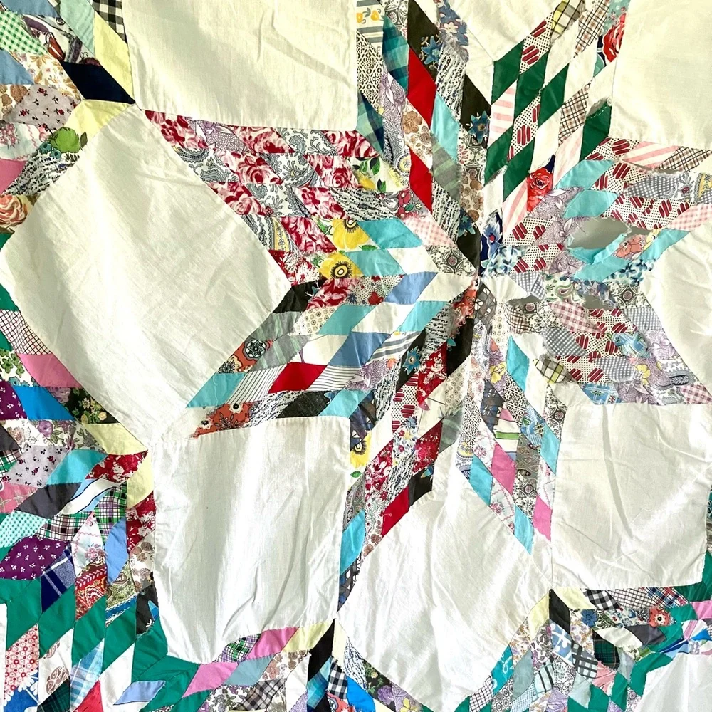 Vintage 40’s novelty feedsack cotton broken star quilt topper cutter quilt